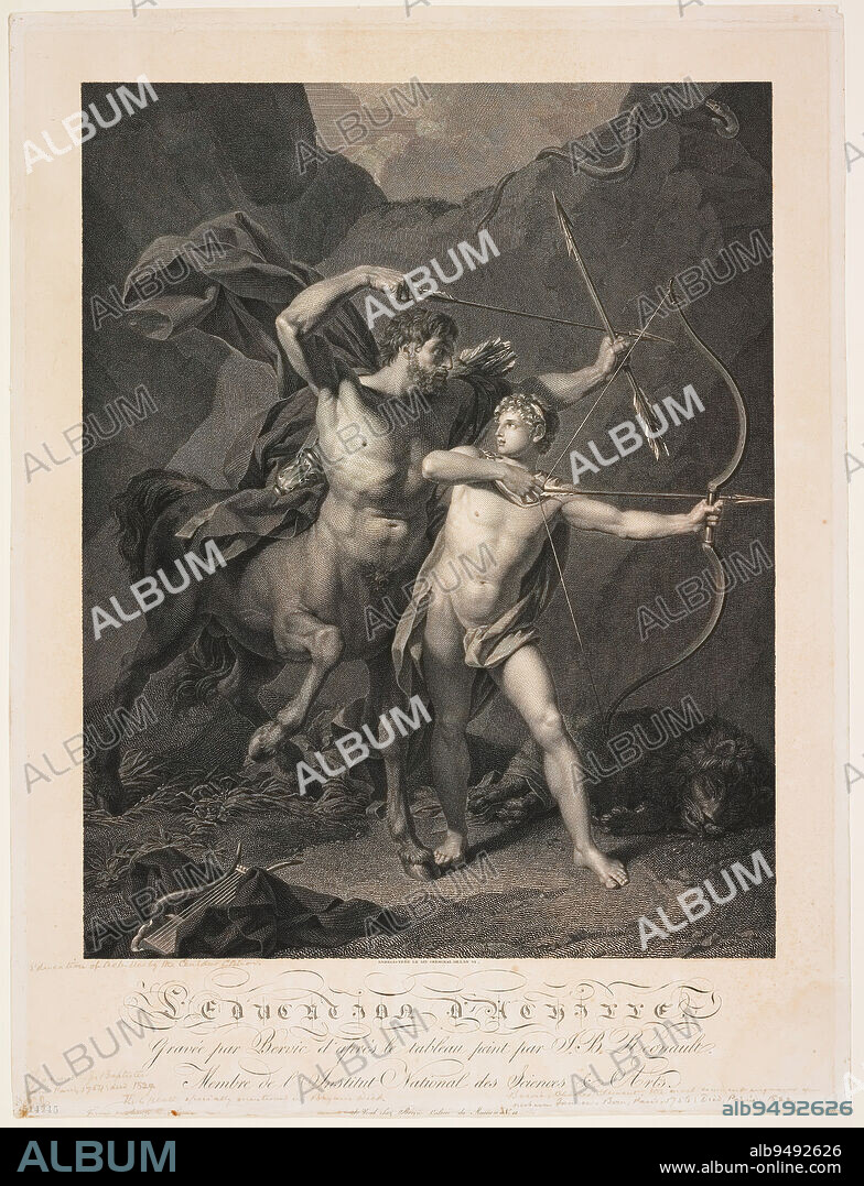 The Education of Achilles by the Centaur Chiron, 18th century, Charles-Clément Bervic; Artist: after Jean Baptiste Regnault, French, 1756 - 1822, 18 x 14 3/16 in. (45.72 x 36.04 cm) (image)22 3/4 x 17 1/4 in. (57.79 x 43.82 cm) (sheet), Engraving, France, 18th century.