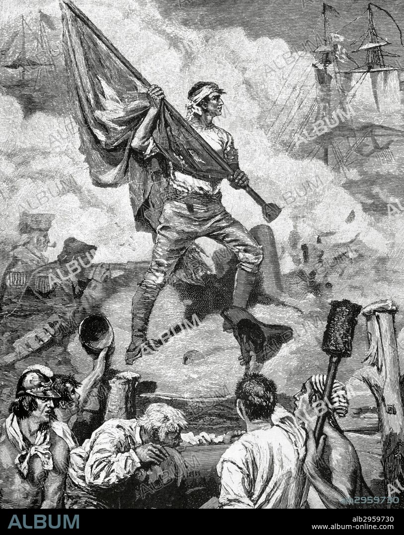 American Revolutionary War (1775-1783). William Jasper (c.1750-1779), sergeant in the 2nd South Carolina Regiment, raises the Fort Moultrie Flag on a temporary staff during the Battle of Sullivan's Island and held it under fire until a new staff was installed. Juny 28th, 1776. Engraving by Howard Pyle. Harper's Magazine, 1883.