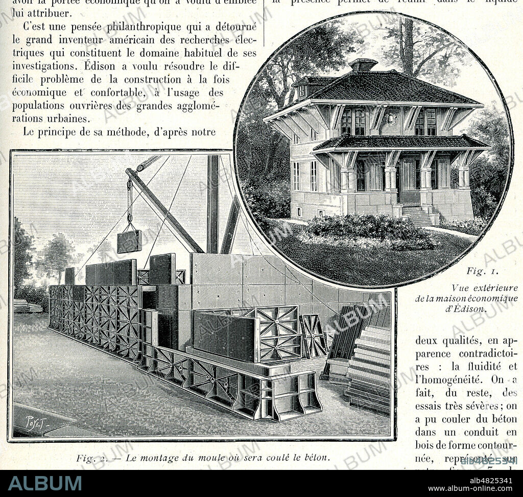 '1. Vue exterieure de la maison economique d'Edison. 2. Le montage du moule ou sera coule le beton'. Illustration par Poyet (1846-1913) tiree de la revue La Nature du 2 octobre 1909. Credit : Collection KHARBINE-TAPABOR.