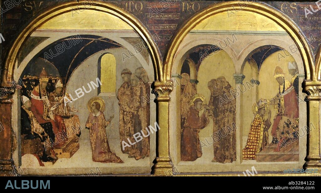 Simone Martini (h.1284-1344). Pintor italiano de la escuela sienesa. San Luís de Tolosa coronando a Roberto de Anjou, rey de Nápoles, 1317. Detalle de la predela con escenas de la vida del santo. Museo de Capodimonte. Nápoles. Italia.