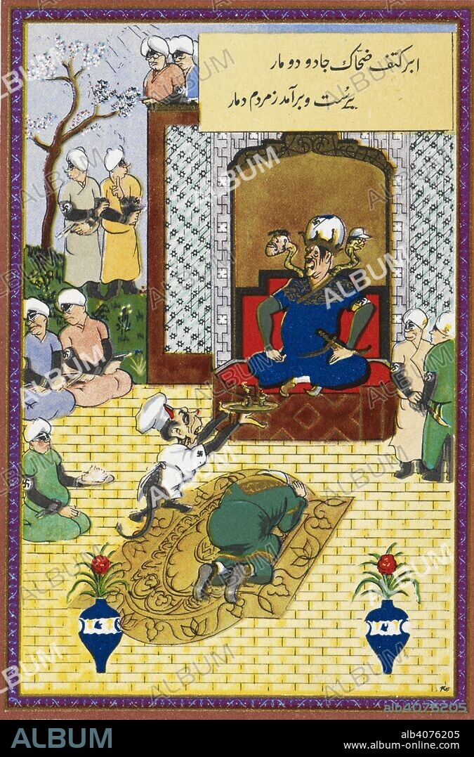 KIMON EVAN MARENGO. The moment when Ahriman-Goebbels, disguised as Zahhak-Hitlerâ€™s cook, causes serpents with the faces of Mussolini and Tojo to grow out of his shoulders. Postcards in the Persian language, produced by the Ministry of Information. c.1942. A series of postcards dating from World War II based on an episode from the famous Persian epic the Shahnameh, or â€˜Book of Kings.â€™ For further information follow this link: http://britishlibrary.typepad.co.uk/asian-and-african/2013/05/the-shahnameh-as-propaganda-for-world-war-ii.html. Source: COI Archive PP/13/9L card 1. Language: Persian.
