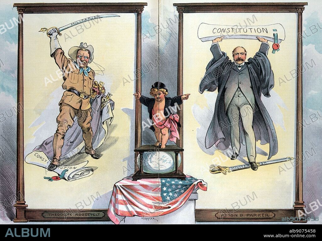 'Take your choice, gentlemen'' Puck standing on a ballot box between President Theodore Roosevelt, who has one foot on the 'Constitution', is waving a sword labelled 'Militarism' in a threatening manner above his head, and is holding regal robes and a crown with his left arm, and Alton B. Parker, who has one foot on a sword labelled 'Militarism' and is holding aloft the 'Constitution'.