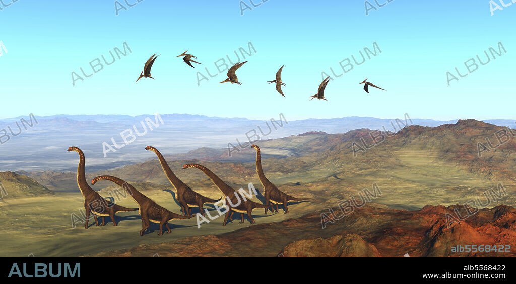A herd of Giraffatitan dinosaurs walk on their yearly migration over an African extinct volcano as a flock of Pteranodons fly over them.