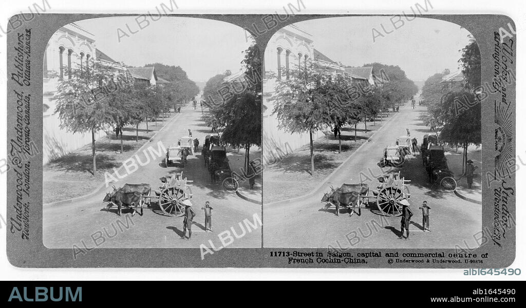 Street in Saigon, French Cochin-China, c1915. Saigon, South Vietnam was the capital and commercial centre of French colonialism in French Indo-China. Pair of stereoscope photographs. Transport Bullock Cart.
