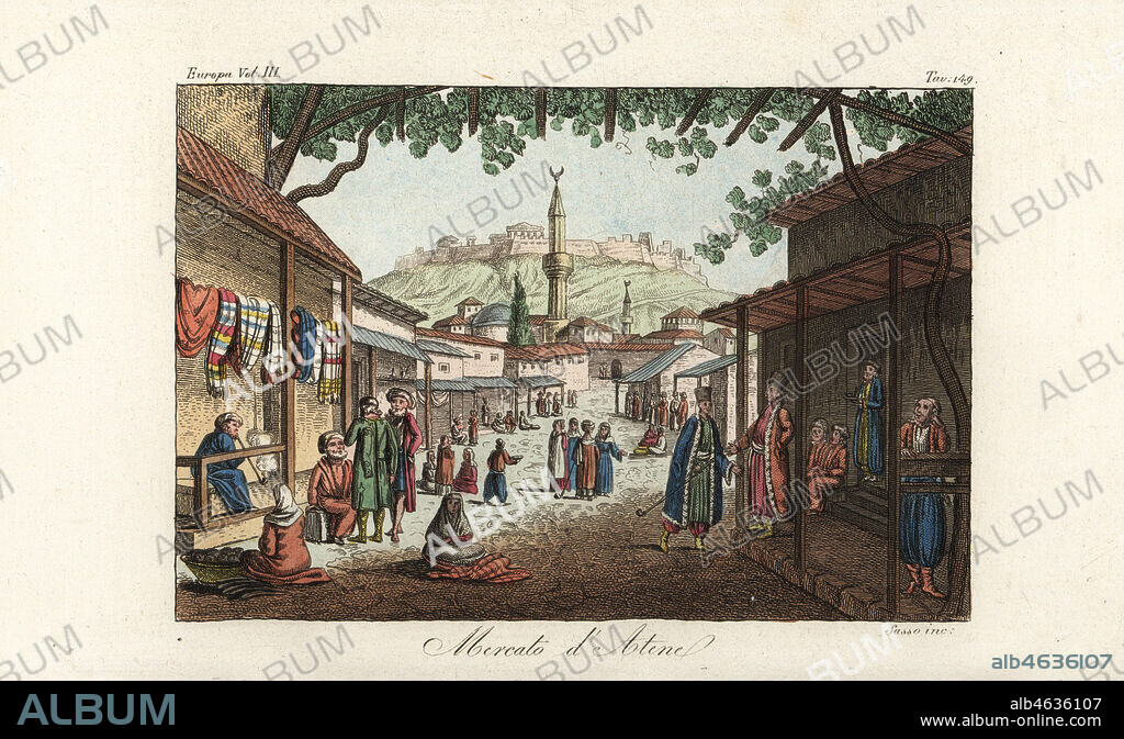 View of the market or bazaar in Athens, 18th century. Greek, Turkish and Albanian men smoking, walking and bartering, women setting out stalls on the road, the Acropolis in the background. Copied from Edward Dodwell's Views in Greece. Handcoloured copperplate engraving by Sasso from Giulio Ferrario's Costumes Ancient and Modern of the Peoples of the World, Florence, 1847.
