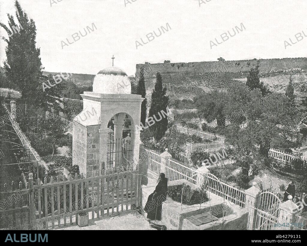 The Garden of Gethsemane, Jerusalem, Palestine, 1895. Christians believe this to be the place where Jesus underwent the agony in the garden and was arrested the night before his crucifixion. From "Round the World in Pictures and Photographs: From London Bridge to Charing Cross via Yokohama and Chicago". [George Newnes Ltd, London, 1895].
