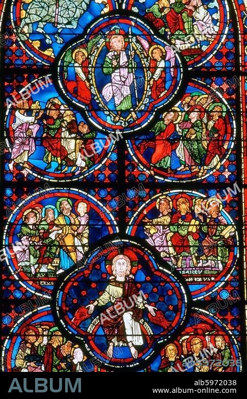 Bourges (Dép.Cher, Frankreich), Kathedrale / Cathédrale Saint-Étienne, Chorumgang, 2.südliche Umgangskapelle, Glasfenster.-Apokalpysen-Fenster (Verrière de l'Apokalypse); Ausschnitt.-Glasmalerei, französisch, 13.Jh.