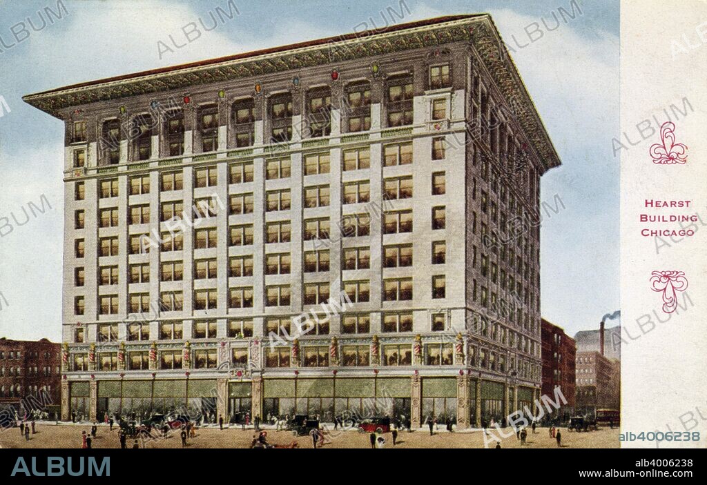 The Hearst Building, Chicago, Illinois, USA, 1915. Postcard showing the exterior of the building with pedestrian and vehicular traffic on the surrounding street. The building was built in 1911 as the headquarters of two newspapers established by William Randolph Hearst in Chicago in the 1900s, the Chicago American (1900) and the Chicago Examiner (1902). It was designed by a New York architect, James C Green.