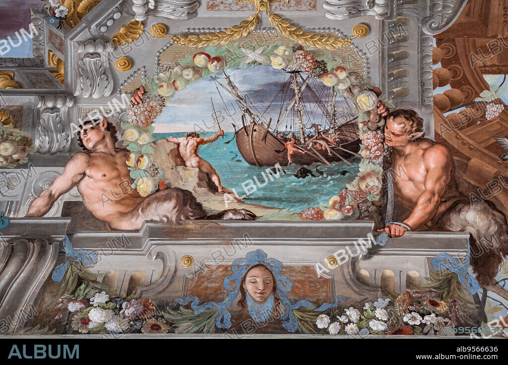 Sassuolo, Este Ducal Palace, the Bacchus Gallery, ceiling: Bacchus transforms the pirates into dolphins. Wall tempera painting by Jean Boulanger, 1650 - 52.