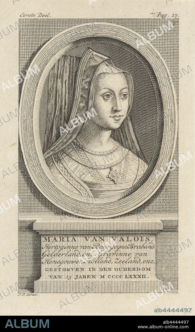 Portrait of Mary, Duchess of Burgundy, Duchess of Burgundy. On the pedestal her name, position and date of death in Dutch, Maria (Duchess of Burgundy), Jan Punt, Noord-Nederland, 1748, paper, engraving, h 183 mm × w 115 mm.