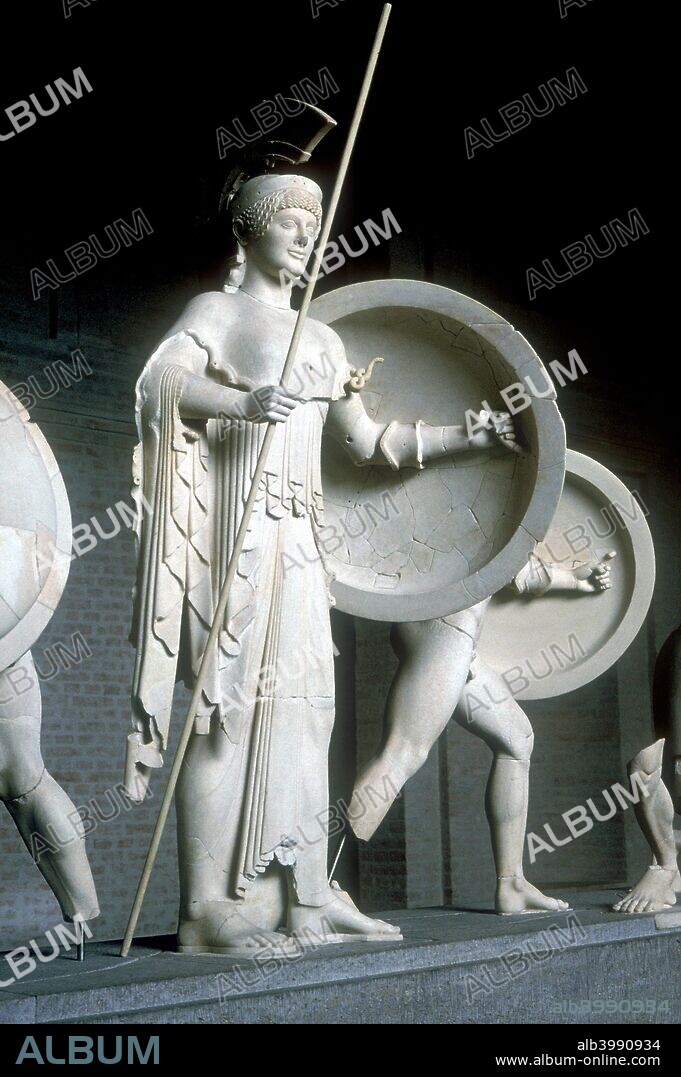 Athena from part of the West Pediment of the Temple of Aphaia,  Aegina, Greece, c500-480 BC. Reconstruction of part of the West Pediment of the Temple of Aphaia. This item is now in the Munich Glyptothek Germany.