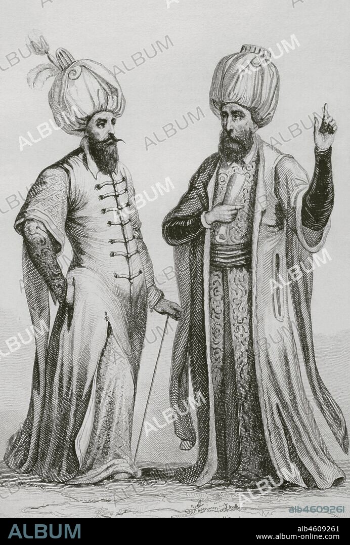 Agha de los Jenízaros (izquierda) y el Cadí Lechken (gobernante juez de los territorios musulmanes (derecha). Grabado por Lemaitre, Masson y Monnin. Historia de Turquía, por Joseph Marie Jouannin (1783-1844) y Jules Van Gaver. Panorama Univeral, edición española de 1840.