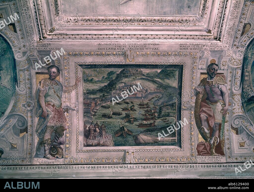 CESARE ARBASIA (1540-1614). FRESCOS DEL PALACIO DEL MARQUES DE SANTA CRUZ - PRIOR DE HUNGRIA Y PRIOR HERNANDO DE TOLEDO - LA ARMADA SALIENDO DE SETUBAL - 1580.