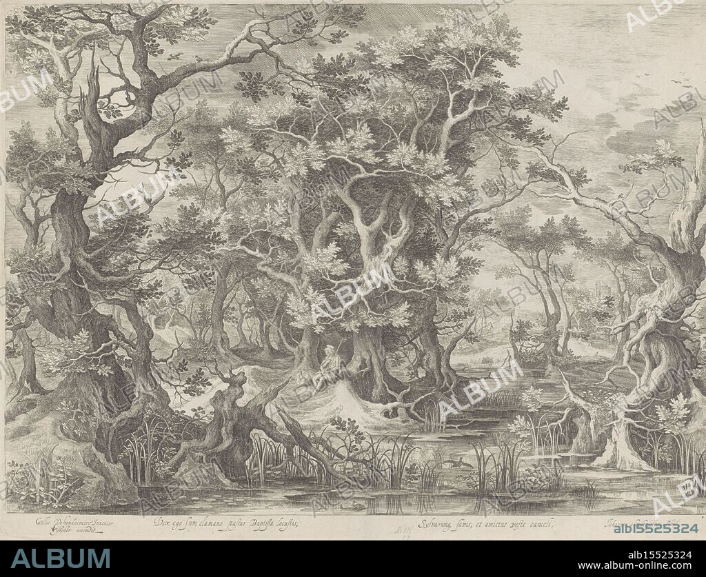 Amsterdam, Visscher, Nicolaes (II), Nicolaes (I), Claes Jansz. (II), Hondecoeter, Gillis Claesz. de, Londerseel, Jan van, Royaalbijbel, Vox ego sum clamans pastus Baptista locustis, John the Baptist in a marsh landscape, verso - stamped, Wooded marsh landscape with John the Baptist, sitting under a tree. In his left hand John holds a wicker cross, next to him lies a lamb. Below the representation is a text in Latin., print, prent, prints, prenten, height 360 mm, width 476 mm, 1575 - 1625-01-07, print maker, printmaker, 1585 - 1625, paper, papier, engraving, engraving (printing process), Work conception, 1580 - 1638-10-17, after a design by, Publication (Event), Publication, Northern Netherlands, 1586 - 1652-06-19, publisher, uitgever, 1618-01-25 - 1679, 1649 - 1702.
