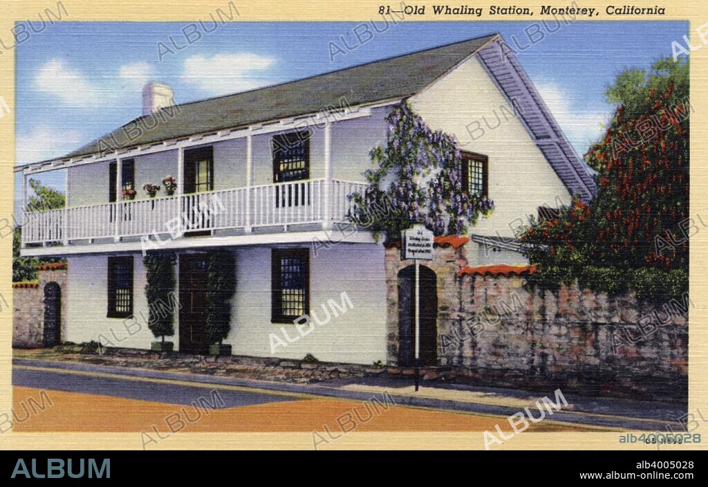 Old whaling station, Monterey, California, USA, 1940. Postcard. View of a white clapboard building that used to be a whaling station.