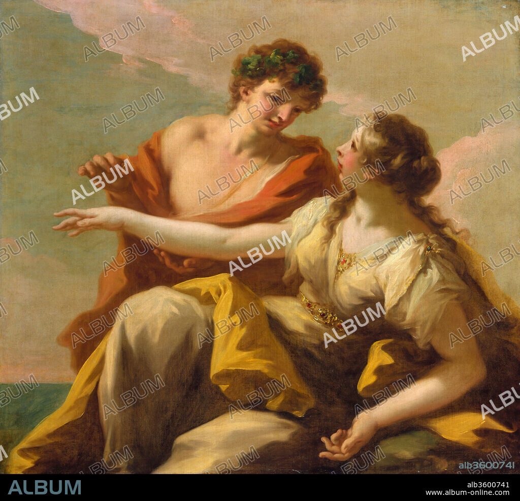 Bacchus and Ariadne. Artist: Giovanni Antonio Pellegrini (Italian, Venice 1675-1741 Venice). Dimensions: 46 x 50 1/2 in. (116.8 x 128.3 cm). Date: 1720s.
When Bacchus arrived on the island of Naxos, he found the beautiful daughter of Minos, Ariadne, who had been abandoned by Theseus. Bacchus married her and her crown was transformed into a constellation by Jupiter. In the present picture Bacchus, wearing vine leaves in his hair, places a ring on Ariadne's finger. The subject was treated by Pellegrini a number of times. The present picture may date from after 1721, following Pellegrini's return to Venice and his extensive work in England, Düsseldorf, the Low Countries, and Paris.