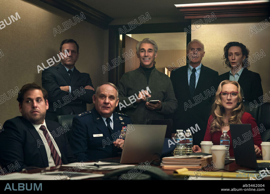 JONAH HILL, MARK RYLANCE, MERYL STREEP y PAUL GUILFOYLE en NO MIRES ARRIBA, 2021 (DON'T LOOK UP), dirigida por ADAM MCKAY. Copyright Hyperobject Industries.