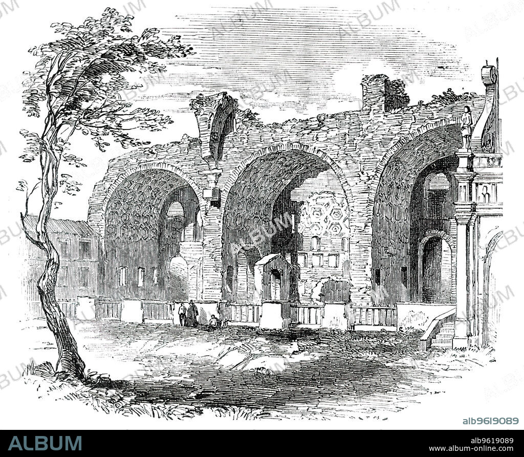 Basilica of Constantine - Rome, 1850. The Basilica of Maxentius and Constantine (sometimes known as the Basilica Nova - new basilica, of the Basilica of Maxentius), is an ancient building in the Roman Forum. It was the largest building in the Forum, and the last Roman basilica built in the city. From "Illustrated London News", 1850.