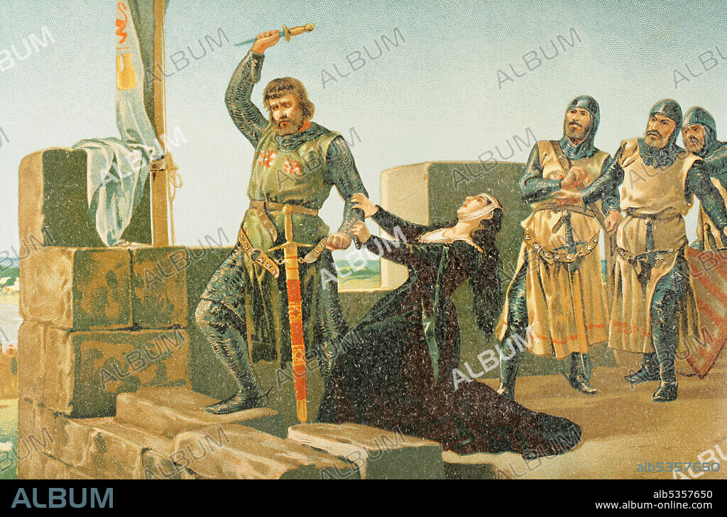 Guzmán el Bueno (Alonso Pérez de Guzmán) (1256-1309). Militar y noble leonés, fundador de la casa de Medina Sidonia. Primer señor de Sanlúcar de Barrameda. Guzmán el Buenos arrojando su daga a los musulmanes durante el cerco de Tarifa en 1296 (copia del cuadro de Martínez Cubells). Cromolitografía. Historia general de España, por Miguel Morayta. Tomo II. Madrid, 1889.