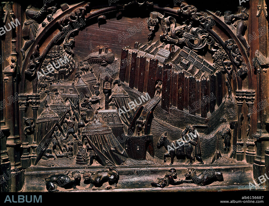 RODRIGO ALEMÁN. CERCO DE MALAGA O DE SANTA FE DURANTE LA GUERRA DE GRANADA - TALLA DE LA SILLERIA BAJA DEL CORO DE LA CATEDRAL DE TOLEDO - SIGLO XV - GOTICO ESPAÑOL.