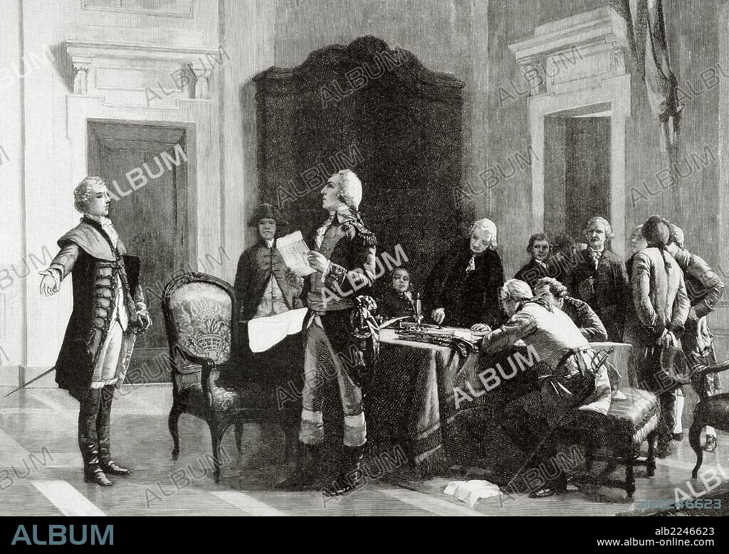 Gilbert du Motier, Marquis de Lafayette (1757-1834). General in the American Revolutionary War and a leader of the Garde nationale during the French Revolution. Engraving by R. Bong. Interview between Lafayette and George Washington. La Ilustracion Artistica, 1902.