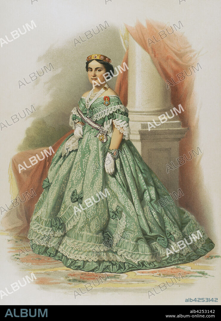 Real Orden de las Damas Nobles de la Reina María Luisa. Orden española creada por Carlos IV en 1792, reservada únicamente a mujeres nobles. Su insignia es una banda con tres franjas: blanca en el centro y morada en los laterales. Cromolitografía. Historia de las Ordenes de Caballería y de las Condecoraciones Españolas. Madrid, 1865.