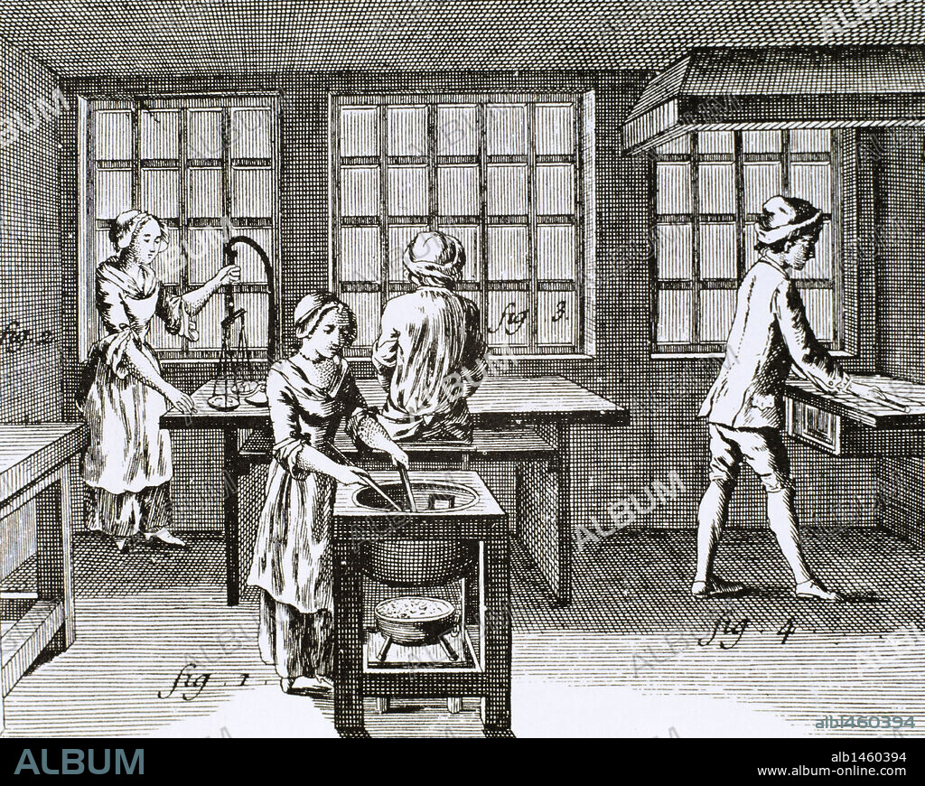 CERERIA. Interior de un taller dedicado a la elaboración artesanal de CERA DE ESPAÑA para lacre. Ilustración del siglo XVIII de la "Encyclopédie Diderot et d'Alembert".