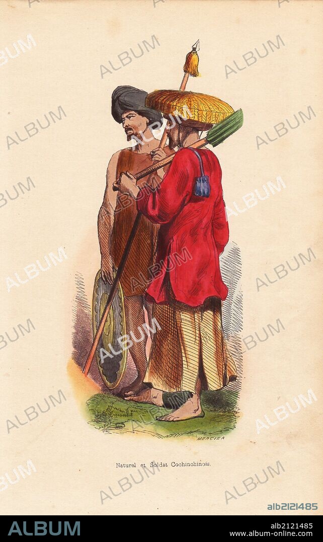 Men of Vietnam (Cochinchine): soldier with turban, shield and spear, and farmer with straw hat, tunic and shovel. Handcoloured woodcut by Mercier from Auguste Wahlen's "Moeurs, Usages et Costumes de tous les Peuples du Monde," Librairie Historique-Artistique, Brussels, 1845. Wahlen was the pseudonym of Jean-Francois-Nicolas Loumyer (1801-1875), a writer and archivist with the Heraldic Department of Belgium.