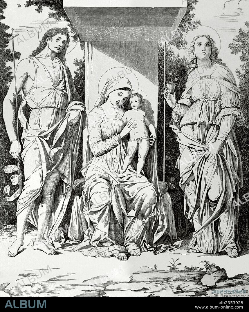 ANDREA MANTEGNA (basado en). ARTE RENACIMIENTO ITALIANO. ANDREA MANTEGNA (1431-1506). Pintor italiano que trabajó en la corte de Mantua, aunque se formó en Padua. Grabado de Orrinsmith reproduciendo la obra de Mantega "Juan Bautista, la Virgen y el niño Jesús y Santa Madeleina".