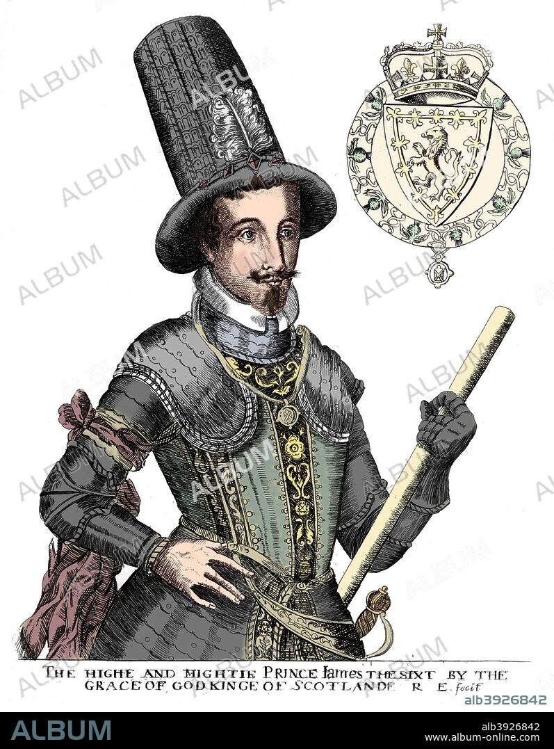 James I, King of England, Scotland and Ireland. James (1566-1625) became King of Scotland in 1567 and England in 1603. The son of Mary Queen of Scots, James VI of Scotland became the first of the Stuart monarchs on the English throne when Elizabeth I died. A Protestant, his policies towards Catholics led to the Gunpowder Plot, and his belief in the absolute power of the monarchy led to increasing friction with Parliament, which would culminate in civil war in the reign of his son and successor, Charles I. Culture, particularly literature, flourished during James' reign, with the work of Shakespeare, Ben Jonson and Francis Bacon particularly notable, as well as the production of the King James Bible. (Colorised black and white print).