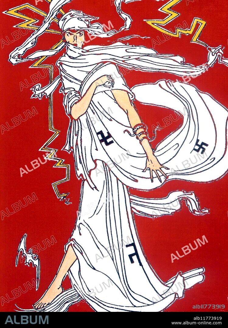 SWASTIKA (and swavastika) on the dress of the ghost of the witch-countess of Lutzelberg Castle. After illustration by C E Rowlands, 1925 , 'Wonder Tales of Alsace-Lorraine'.