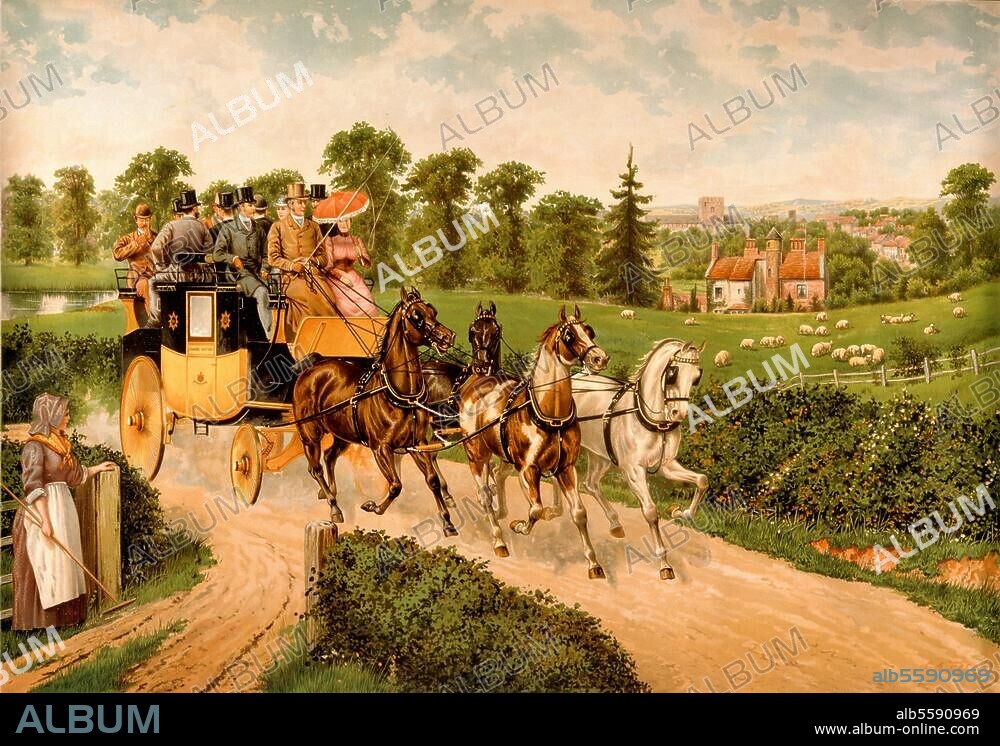 C. A. FESCH. Post:. Stagecoach. "Stagecoach to St. Albans". Colour print after painting by C.A.Fesch. No further information on picture.