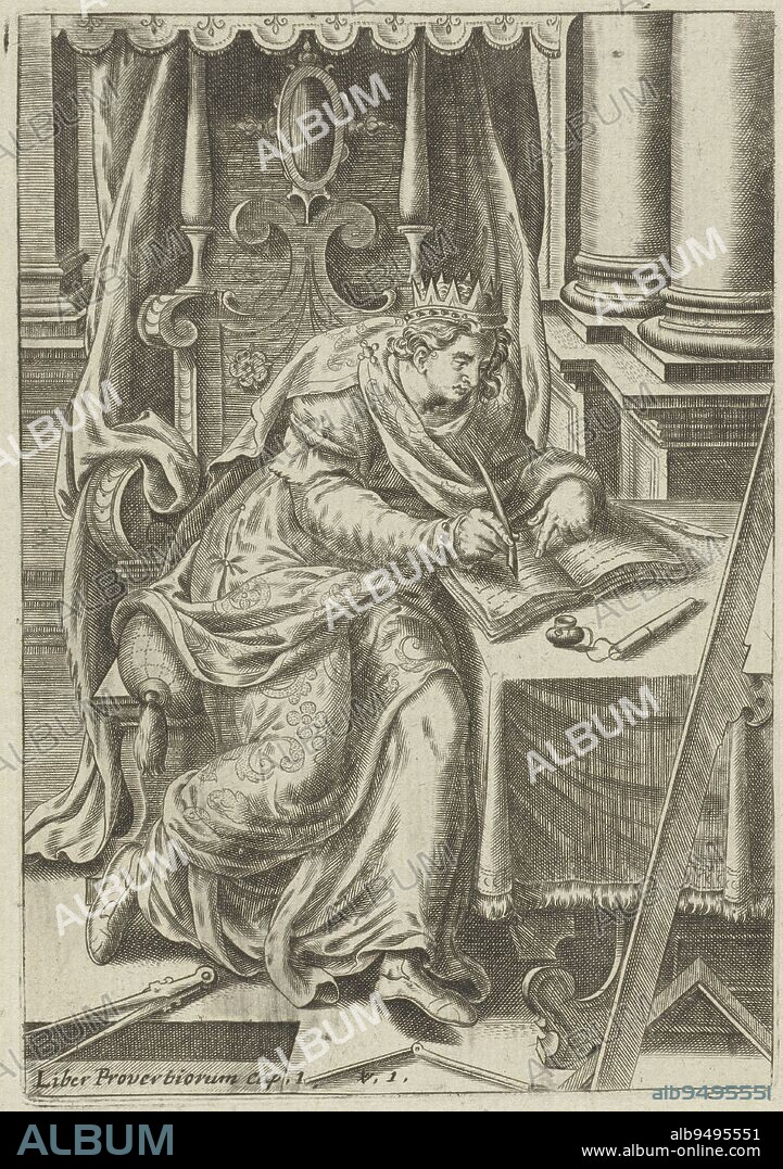 Book illustration accompanying the story of Solomon writing the book of Proverbs (Proverbs 1). King Solomon sits on his throne and writes in a book. Around him are scientific instruments, a sign of his wisdom. The print includes a caption with a reference to the accompanying Bible passage. King Solomon Writes the Book of Proverbs Scenes from the Bible Biblia sacra , print maker: Abraham de Bruyn, Gerard van Groeningen, Antwerp, 1583 - 1577, paper, engraving, h 164 mm × w 113 mm.