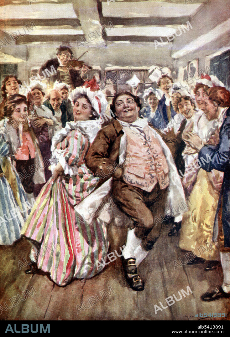 Old Fezziwig stood out to dance with Mrs. Fezziwig. A Christmas Carol by Charles Dickens was first published on December 19, 1843 and met with instant success and critical acclaim. A Christmas Carol tells the story of a bitter old miser named Ebenezer Scrooge and his transformation into a gentler, kindlier man after visitations by the ghost of his former business partner Jacob Marley and the Ghosts of Christmas Past, Present and Yet to Come. A Christmas Carol has never been out of print. Illustrated by Arthur C. Michael, 1911.