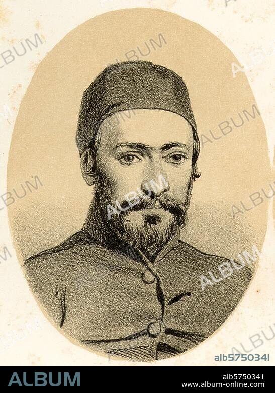 Ali Pascha, Mehmed Emin; türk. Politiker. (ab 1855 mehrfach Großwesir); Konstantinopel 1815 - Erenköi 6.9.1871. - Porträt (Ausschnitt aus einem Blatt mit Porträts der Teilnehmer des Pariser Kongresses 1856). Kreidelithographie mit Tonplatte von Wilhelm Georg Timm. (1820-1895). Aus: Russkij Chudoshestwenny Listok, 1856, Nr. 14. Berlin, Sammlung Archiv für Kunst und Geschichte.