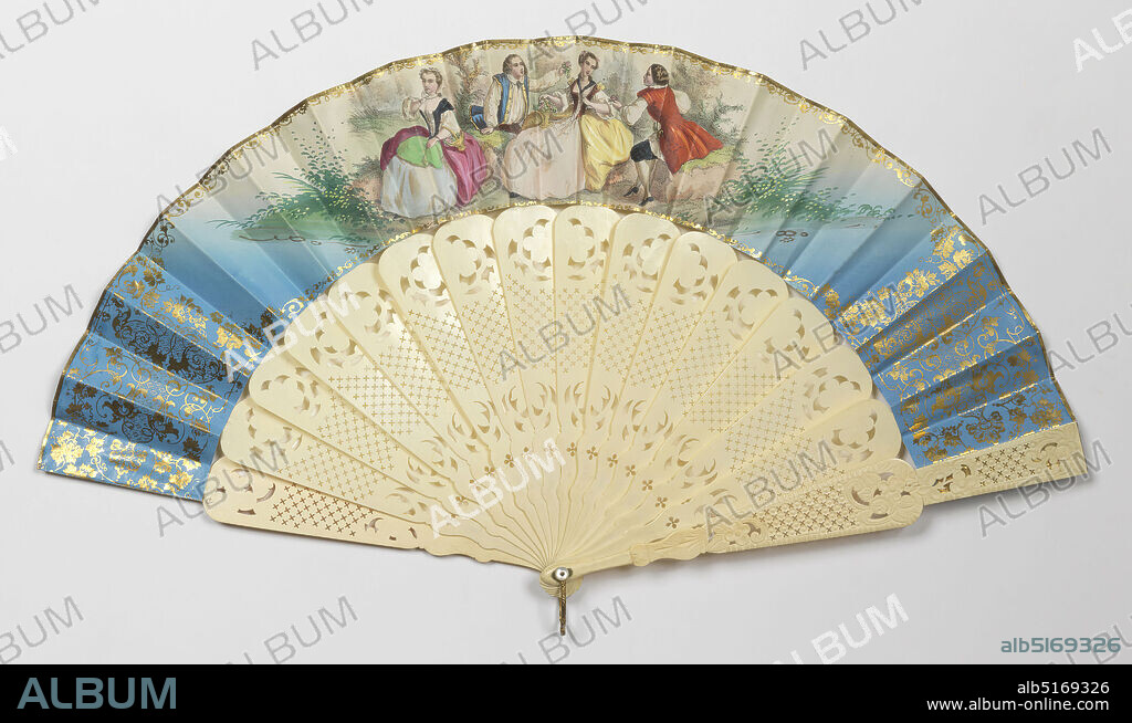 Pleated fan, Gilded paper leaf with hand-colored print, carved ivory sticks, mother-of-pearl washer, Pleated fan. Gilded paper leaf with hand-colored print showing pastoral scenes with people in eighteenth century costume. Ivory sticks carved in floral and diaper designs., France, ca. 1855, costume & accessories, Pleated fan.