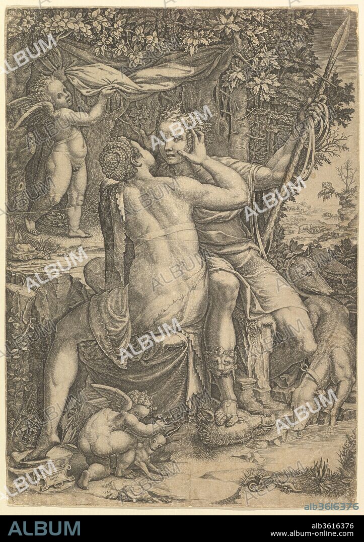 Venus and Adonis. Artist: Giorgio Ghisi (Italian, Mantua ca. 1520-1582 Mantua); After Teodoro Ghisi (Italian, 1536-1601). Dimensions: sheet: 12 7/16 x 8 3/4 in. (31.6 x 22.2 cm) borderline. Date: ca. 1570.