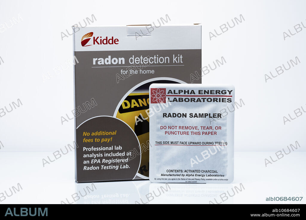 Radon test kit. Radon test kit for home use. The kit includes a collector (a tray with activated charcoal here) that the user places in the ground floor or the basement of the house for several days. The collector is then sent to a laboratory for analysis. This kit is available commercially in the USA.