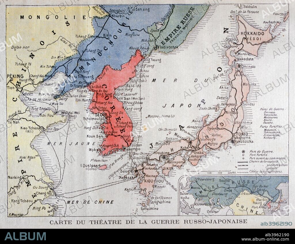 Map of the theatre of the Russo-Japanese War, 1904. The Russo-Japanese War arose due to the two countries' conflicting territorial ambitions in East Asia. When the Russians reneged on an agreement to withdraw troops from Manchuria, the Japanese embarked on a lengthy siege of the Russian-leased city of Port Arthur in Manchuria. Port Arthur surrendered in January 1905, and a combination of incompetence on the part of Russian commanders and the decisive victory for the Japanese navy at the Battle of Tsushima forced the Russians to the negotiating table. The outcome of the war was Japan gaining effective control of Korea and much of Manchuria. An illustration from Le Petit Journal, 28th February 1904.