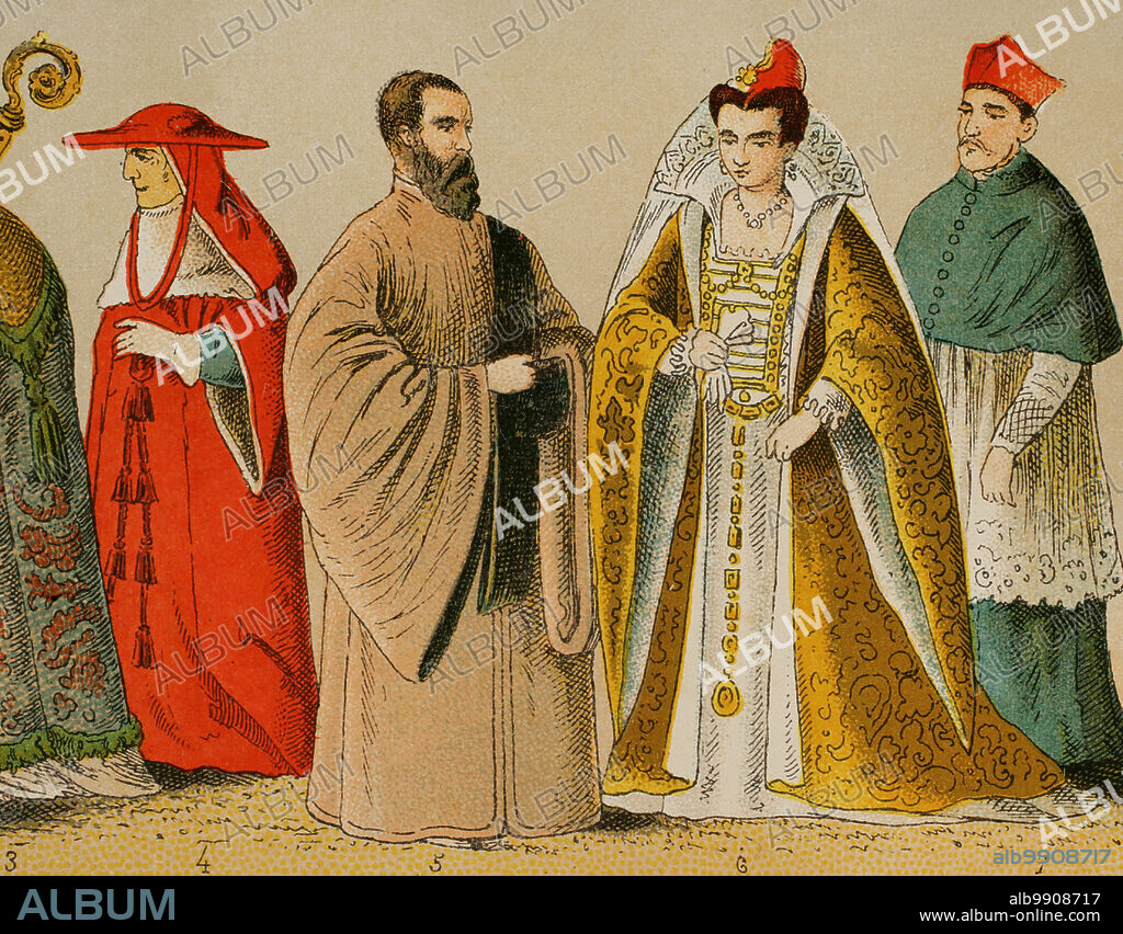Historia de Italia. 1500. De izquierda a derecha, 4: cardenal, 5: Procurador de San Marcos, 6: esposa del Dux, 7: cardenal. Cromolitografía. "Historia Universal", por César Cantú. Tomo VIII, 1881.