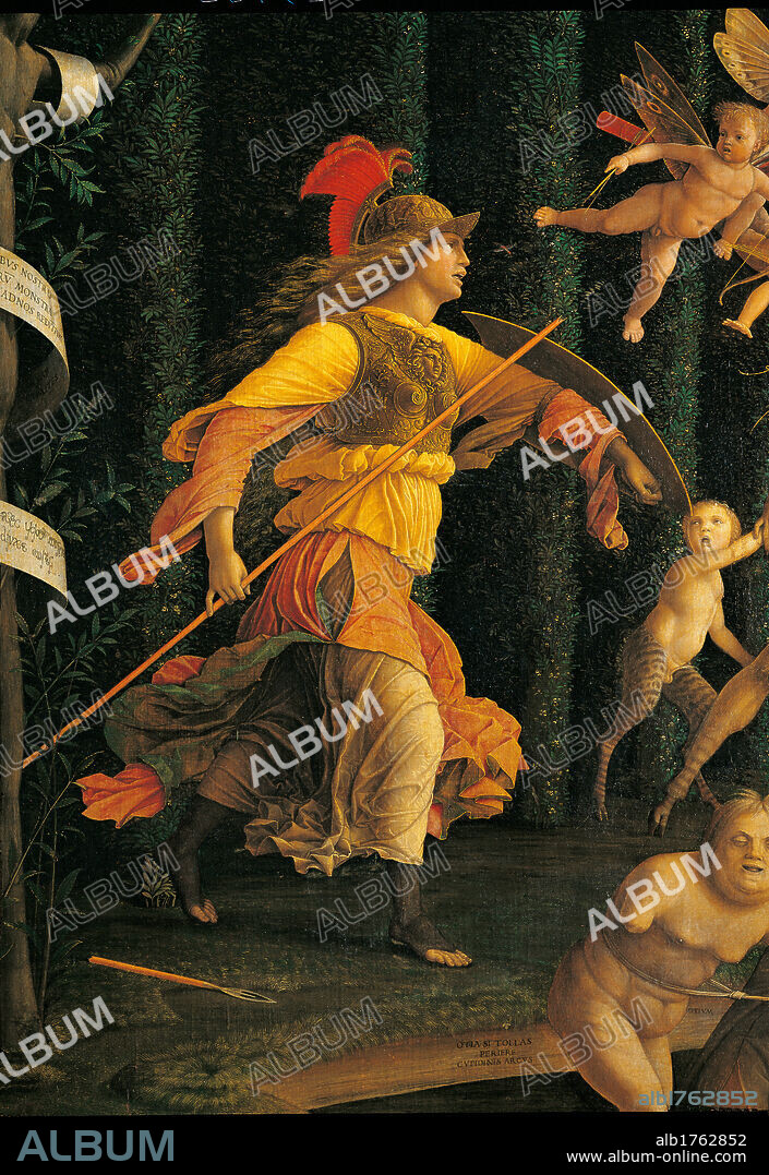 Triumph of Virtue, by Andrea Mantegna, 1502 about, 16th Century, tempera on canvas, cm 160 x 192. France, Ile de France, Paris, Muse du Louvre. Detail. Minerva bursting from the left lance spear shield armor cuirass helmet.