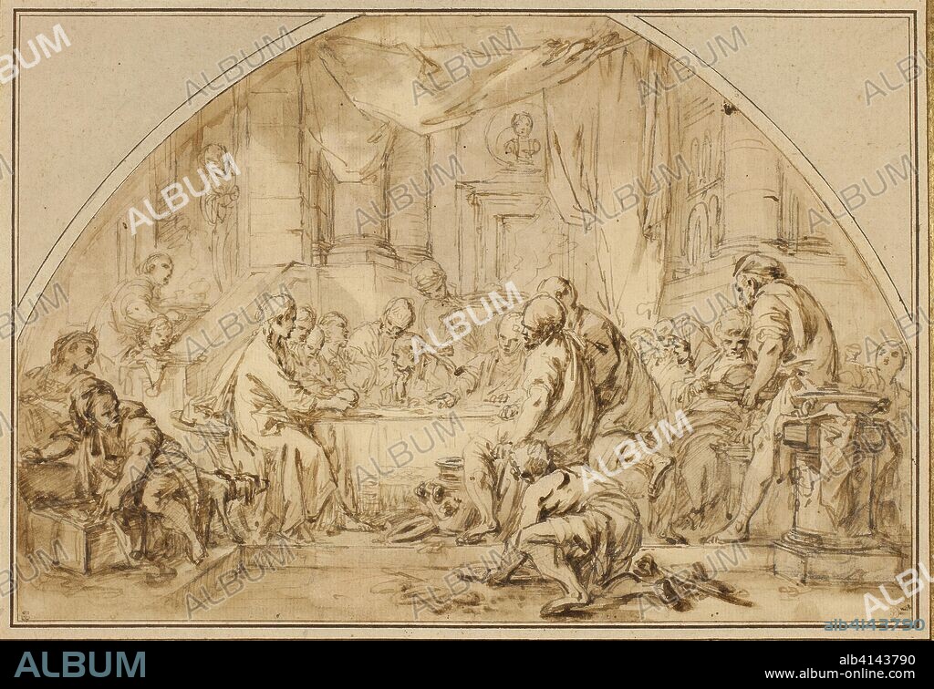 Study for The Last Supper. Jean Baptiste Huet (French, 1745-1811); after François Boucher (French, 1703-1770). Date: 1787-1797. Dimensions: 219 × 323 mm. Pen and brown ink and brush and brown wash, with touches of pen and black ink, graphite, and traces of red chalk and brush and red chalk wash, on lunette-shaped tan laid paper, laid down on tan wove card. Origin: France.