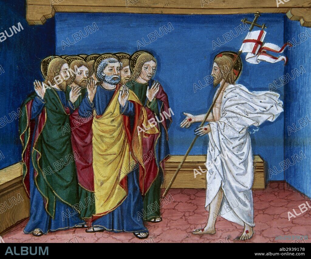 "JESUS RESUCITADO MUESTRA A LOS DISCIPULOS LAS MANOS Y EL COSTADO". Página miniada del Códice de Cristoforo de PREDIS (1476). Renacimiento-Quattrocento (siglo XV). Biblioteca Real. Turín. Italia.