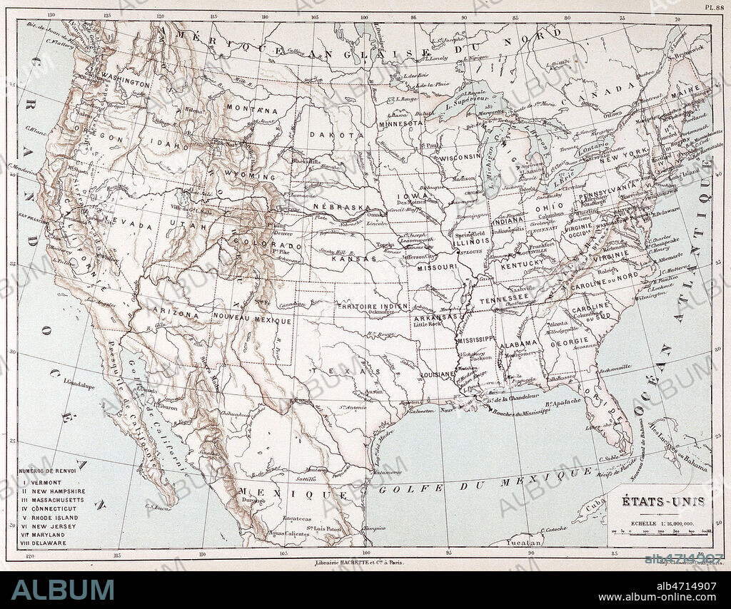 Carte geographique des Etats-Unis d'Amerique, tiree du Nouvel Atlas de geographie par CORTAMBERT, fin 19eme. Credit : Collection Jonas/KHARBINE-TAPABOR.