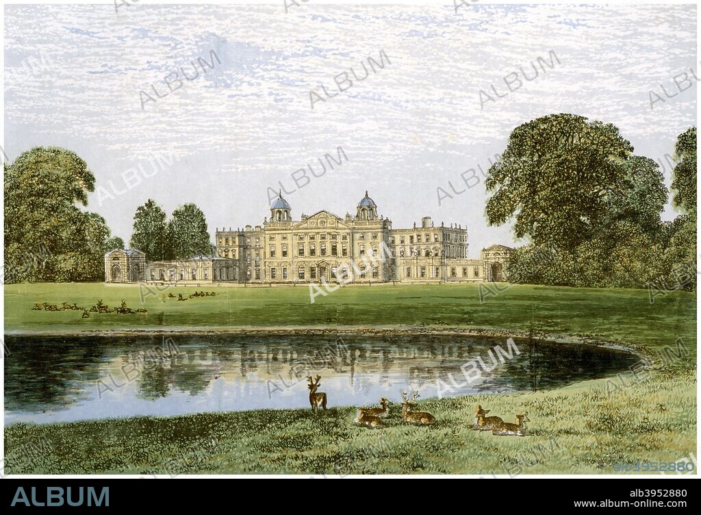 Badminton House, Gloucestershire, home of the Duke of Beaufort, c1880. Badminton has been the seat of the Dukes of Beaufort since the 17th century. The house was renovated and extended in Palladian style early in the 18th century by William Kent. A print from A Series of Picturesque Views of Seats of the Noblemen and Gentlemen of Great Britain and Ireland, edited by Reverend FO Morris, Volume II, William Mackenzie, London, c1880. Wood-engraved plates after paintings by Benjamin Fawcett and Alexander Francis Lydon.