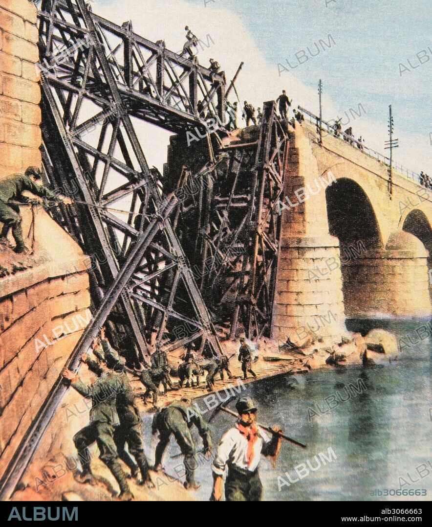 PRIMERA GUERRA MUNDIAL (1914-1918). Acabada la guerra, Italia comienza a reconstruir de nuevo el pais. Dibujo por A. Beltrame. "La Domenica del Corriere",1918.