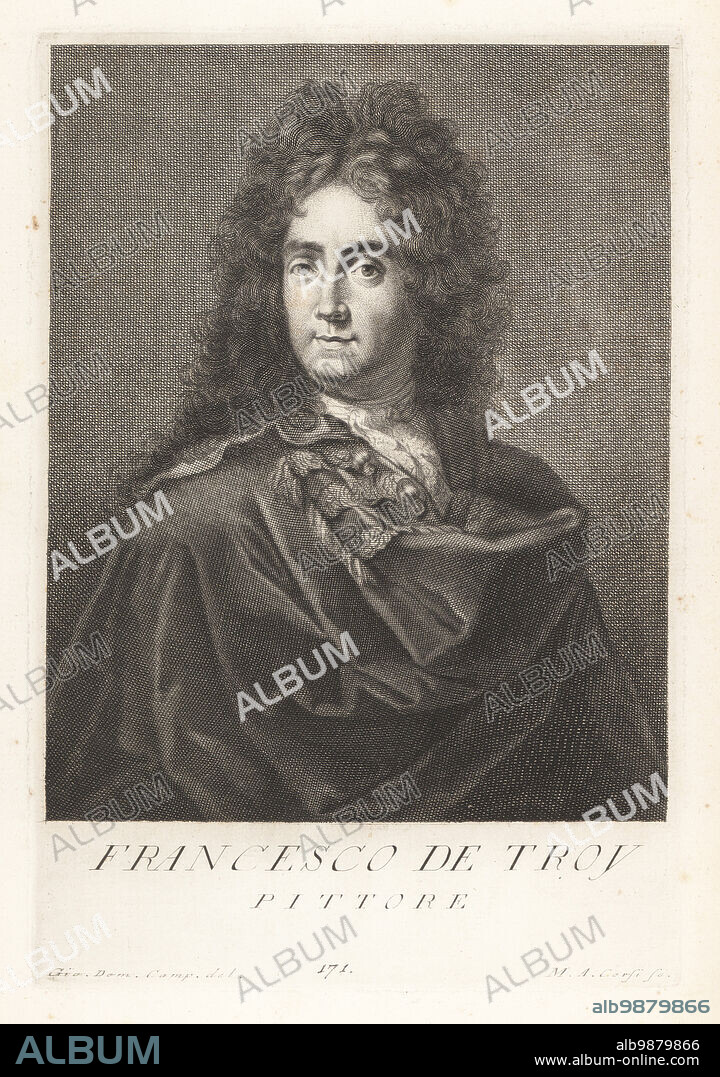 Francois de Troy, French painter and engraver, 1645-1730. Principal painter to King James II in exile and Director of the Académie Royale de peinture et de sculpture. Francesco de Troy, Pittore. Copperplate engraving by Marcantonio Corsi after Giovanni Domenico Campiglia after a self portrait by the artist from Francesco Moucke's Museo Florentino (Museum Florentinum), Serie di Ritratti de Pittori (Series of Portraits of Painters) stamperia Mouckiana, Florence, 1752-62.