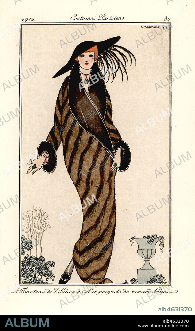 Woman in zibeline coat with collar and cuffs in white fox fur. Manteau de Zibeline a col et poignets de renard blanc. Handcoloured pochoir (stencil) etching after an illustration by George Barbier from Tommaso Antonginis Journal des Dames et des Modes, Aux Bureaux du Journal des Dames, Paris, 1912.