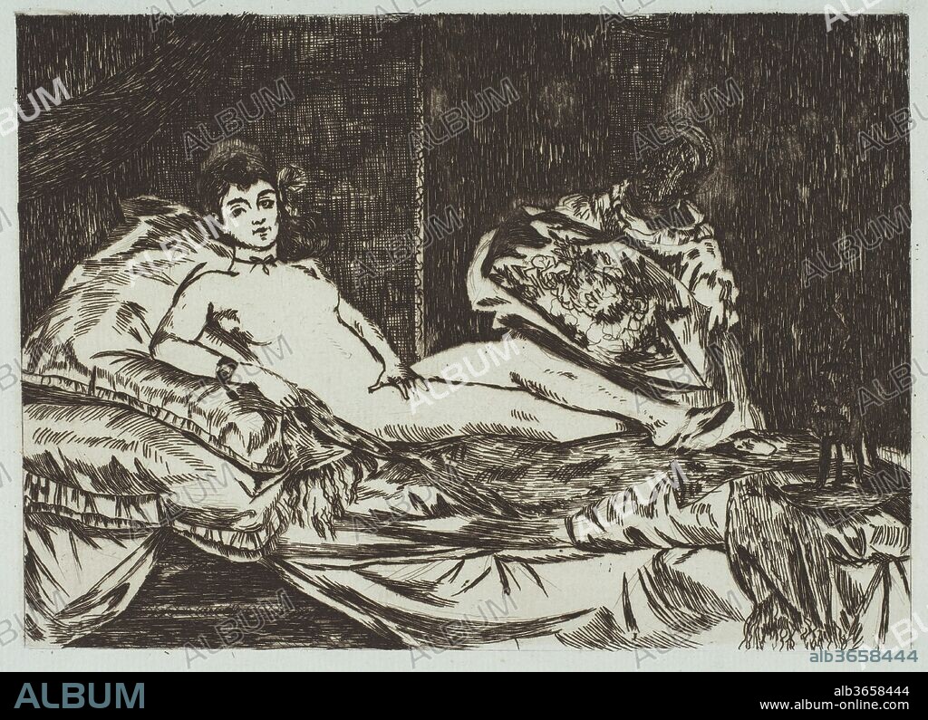EDOUARD MANET. Olympia (large plate). Artist: Édouard Manet (French, Paris 1832-1883 Paris). Dimensions: plate: 6 5/8 x 9 7/16in. (16.8 x 24cm)
image: 5 3/16 x 7 1/4in. (13.2 x 18.4cm)
sheet: 9 9/16 x 14 9/16in. (24.3 x 37cm). Series/Portfolio: Strölin edition, 1905. Date: January-May 1867.