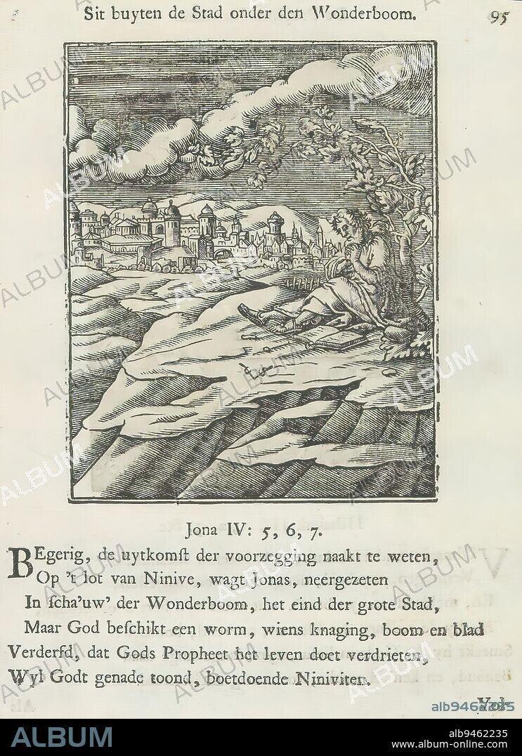 Jonah sits under the wonder tree, Sit buyten de stad onder den wonderboom (title on object), Jonah sits overlooking the city of Nineveh waiting for God to destroy the city. God has grown a miracle tree for him so that he can sit in the shade. But the next day the tree has withered, the leaves hang limp, and Jonah is overcome by the heat. Above the scene a title. Below it six verses and a reference to Jonah 4: 5-7. The print is part of an album., print maker: Christoffel van Sichem (II), (mentioned on object), print maker: Christoffel van Sichem (III), (mentioned on object), after print by: Veit Rudolf Specklin, Amsterdam, 1645 - 1646 and/or 1740, paper, letterpress printing, height 106 mm × width 86 mm, height 168 mm × width 134 mm.